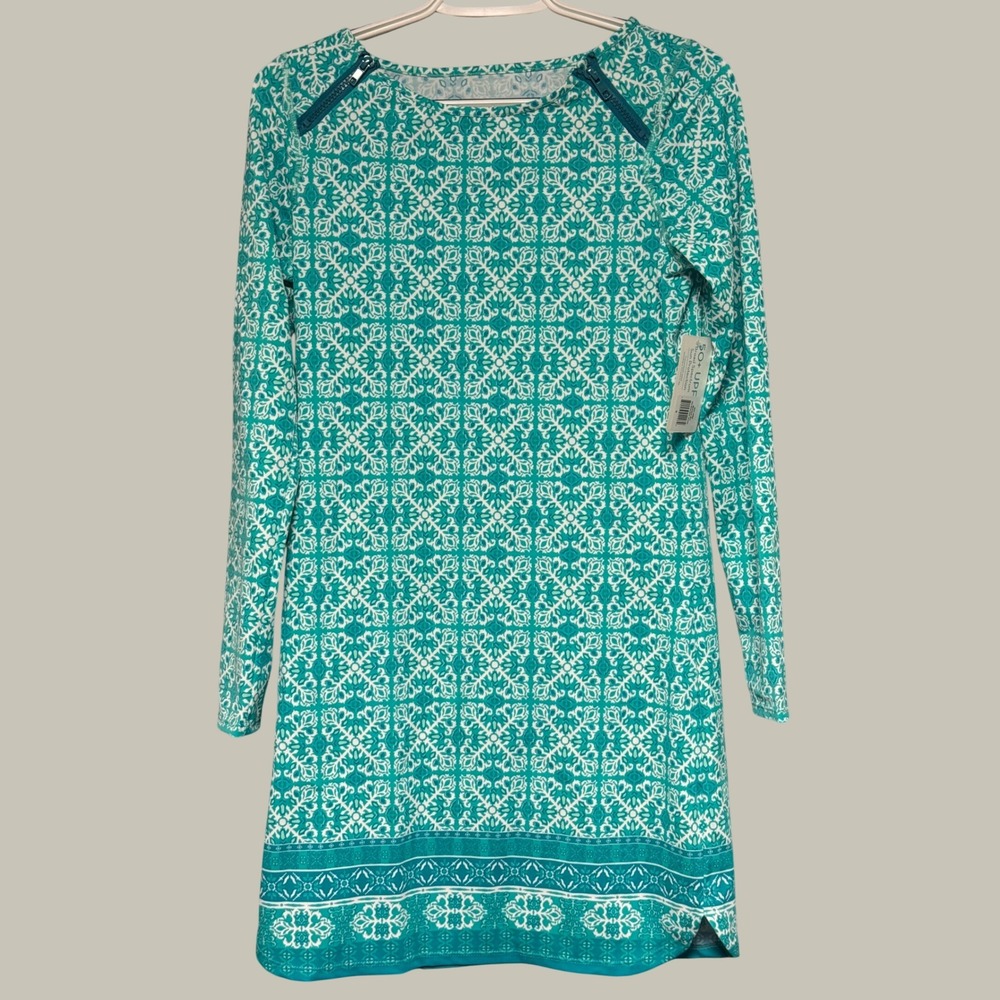 Cabana Life Monaco Blu Zip Shoulder Dress Teal White Geometric UPF 50+ Small NWT